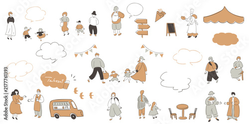 People Going Out with Speech Bubbles and Event Venue Elements Set — Tents, Food Trucks and Garlands_Soft Apricot and Gray