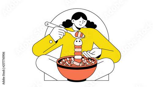 Woman eating colorful cereal or candy from a bowl, isolated on transparent background, healthy lifestyle concept
