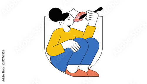 Woman Eating Delicious Food with Spoon, Healthy Lifestyle, Nutrition, Comfort Food, Flat Design Illustration