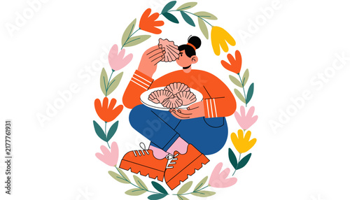 Woman eating dumplings in floral frame, isolated on transparent background
