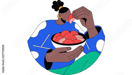 Woman Eating Fresh Fruit from Bowl - Healthy Lifestyle, Vibrant Illustration