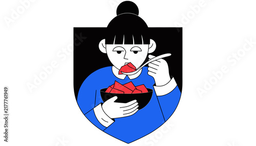 Woman eating fruit in shield emblem, isolated on transparent background