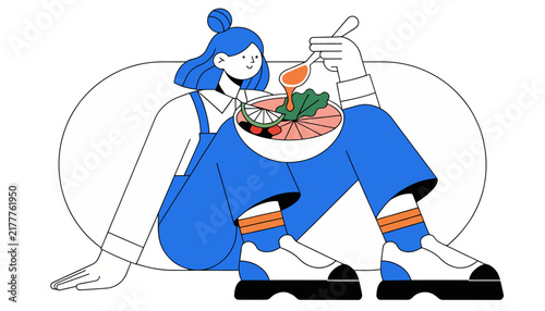 Woman eating healthy food with spoon