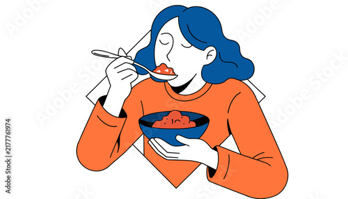 Woman eating from bowl with spoon, isolated illustration, healthy meal, vibrant colors, graphic style