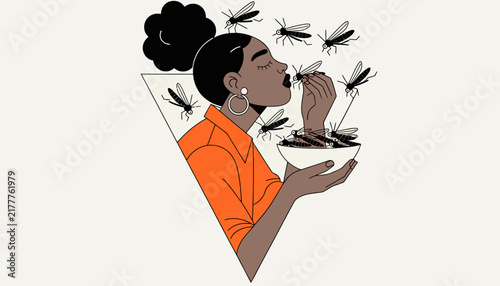 Woman Eating Insects with Grasshoppers Swarming Around, Isolated on Transparent Background