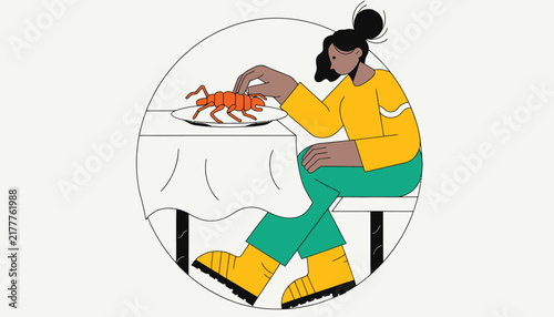 Woman eating lobster at table, seafood dinner, illustrated, minimal style