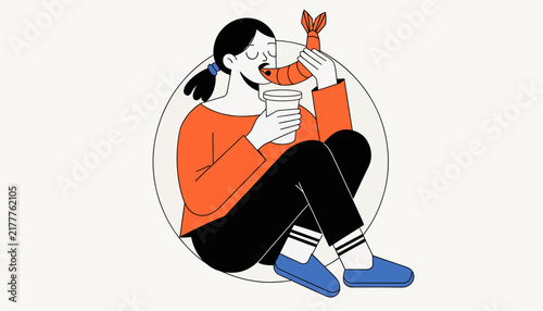 Woman eating shrimp and drinking from cup, isolated illustration, concept of casual dining and enjoyment