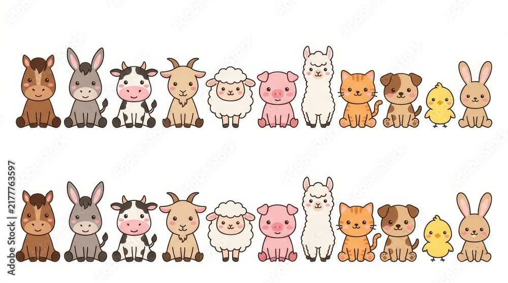 Fototapeta premium Cute Kawaii Farm Animals Border Set with Horse Cow Pig Sheep Cat Dog and Rabbit Illustration for Kids Design
