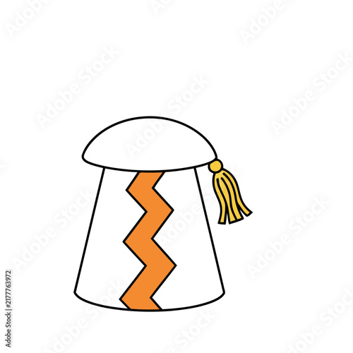 White conical object with orange zigzag and yellow tassel