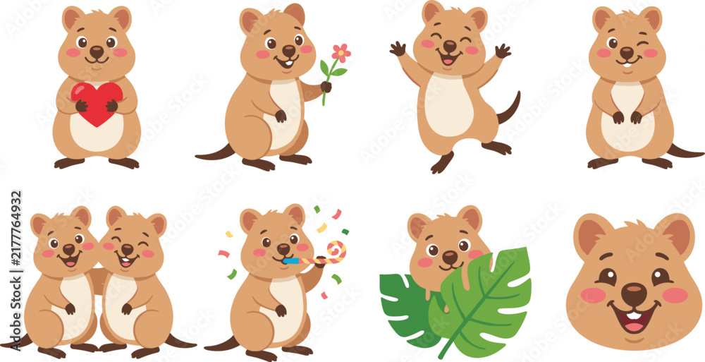 Fototapeta premium Cute quokka cartoon vector illustration set showing various joyful poses and emotional expressions