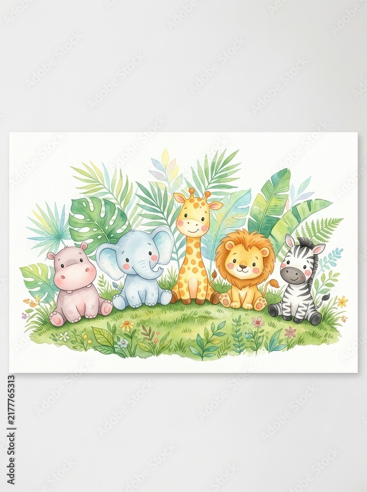 Fototapeta premium Cute Watercolor Safari Baby Animals Illustration with Lion Elephant Giraffe Zebra and Hippo for Nursery Decor