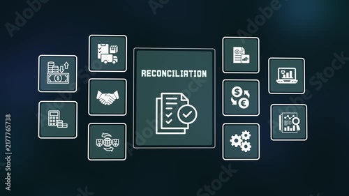 Reconciliation concept digital interface featuring icons for financial ledger balancing account matching audit and transaction review