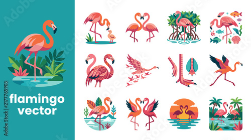 Stylized flamingo vector icons and tropical bird collection