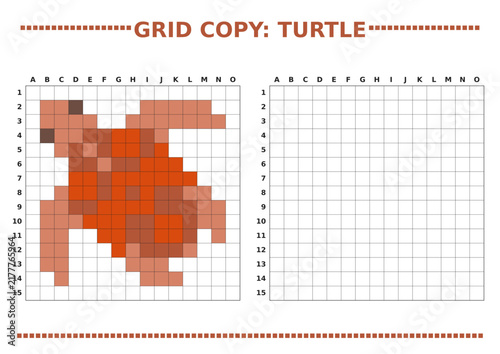 Grid copy turtle worksheet for kids, pixel turtle drawing game page, educational math activity vector  