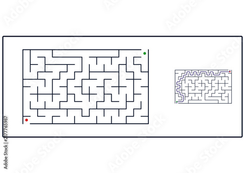 Rectangular maze puzzle with start and finish markers on white  