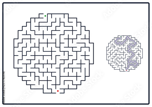 Two circular mazes with start and finish points on a white background  