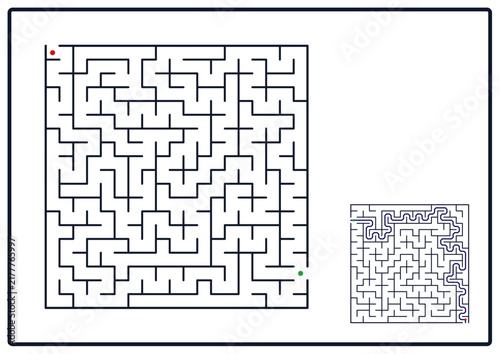 Square maze puzzle with solution black and white labyrinth game  