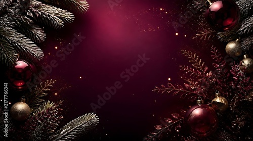 Festive red Christmas background with golden ornaments and snowflakes.