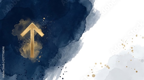 Metallic Gold Arrow Symbol on Navy Blue Watercolor Background Growth Success Concept