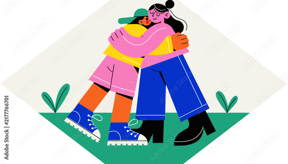 Naklejka premium two women hugging, friendship and love concept