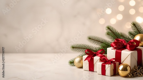Wrapped Christmas gifts with fir branches and golden ornaments.