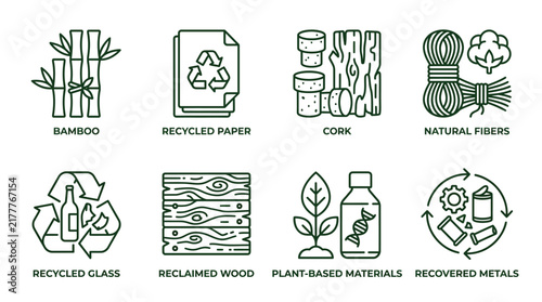 Sustainable materials icon set featuring vector line art for eco friendly design and environmental consciousness projects