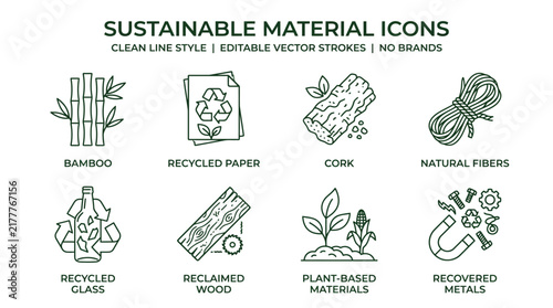 Sustainable material vector icons featuring clean line designs for eco friendly manufacturing and green industrial projects