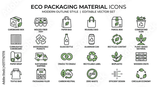 Eco packaging material vector icon set featuring sustainable shipping containers and green recycling design elements collection