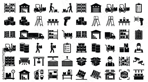 Foto Large collection of warehouse and logistics black icons including forklifts, shipping boxes, delivery trucks, storage shelves, industrial workers, and distribution equipment on white