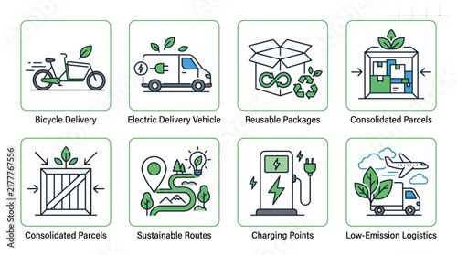 Sustainable logistics delivery icons set showcasing eco friendly transportation methods and green supply chain management solutions