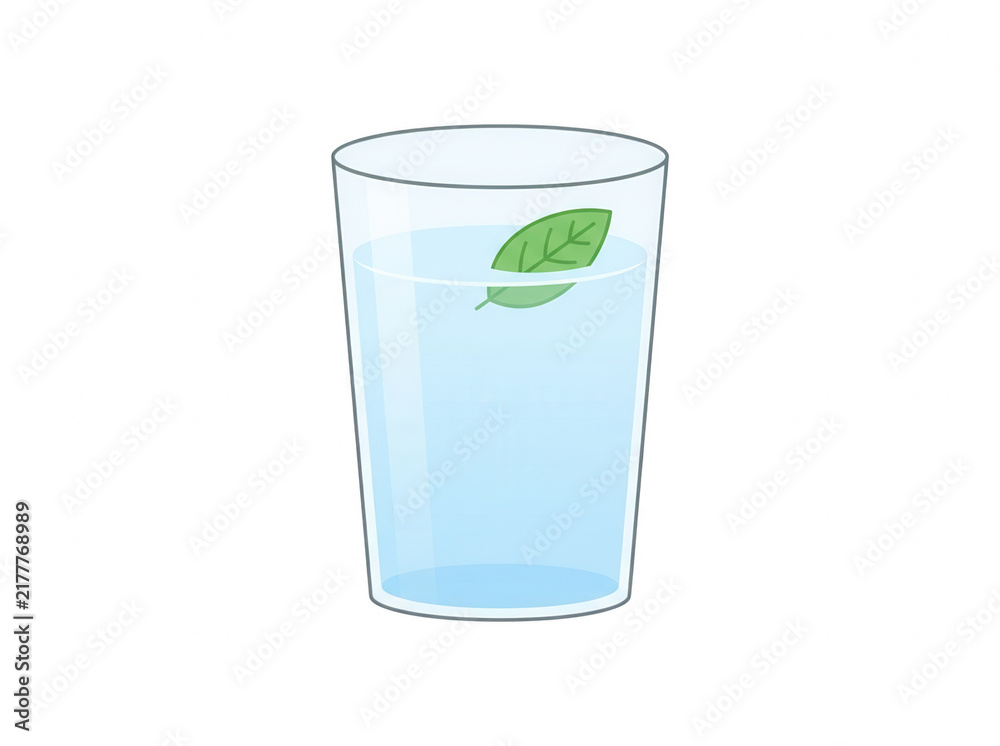 Fototapeta premium Illustration vectorielle simple d'un verre d'eau rafraîchissant avec une feuille verte flottant à la surface, design minimaliste sur fond blanc, idéal pour des concepts de santé et d'hydratation.