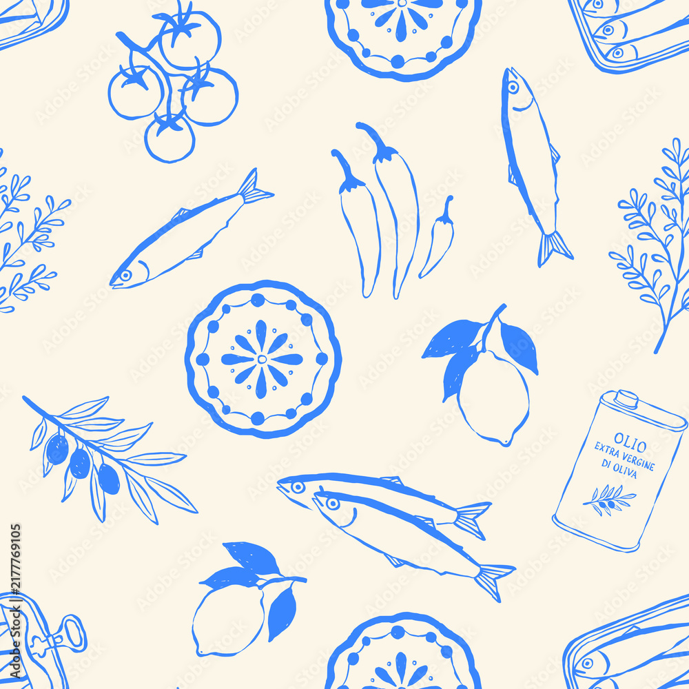 Obraz premium Blue Mediterranean Sardine and Lemon Seamless Pattern with Coastal Ingredients