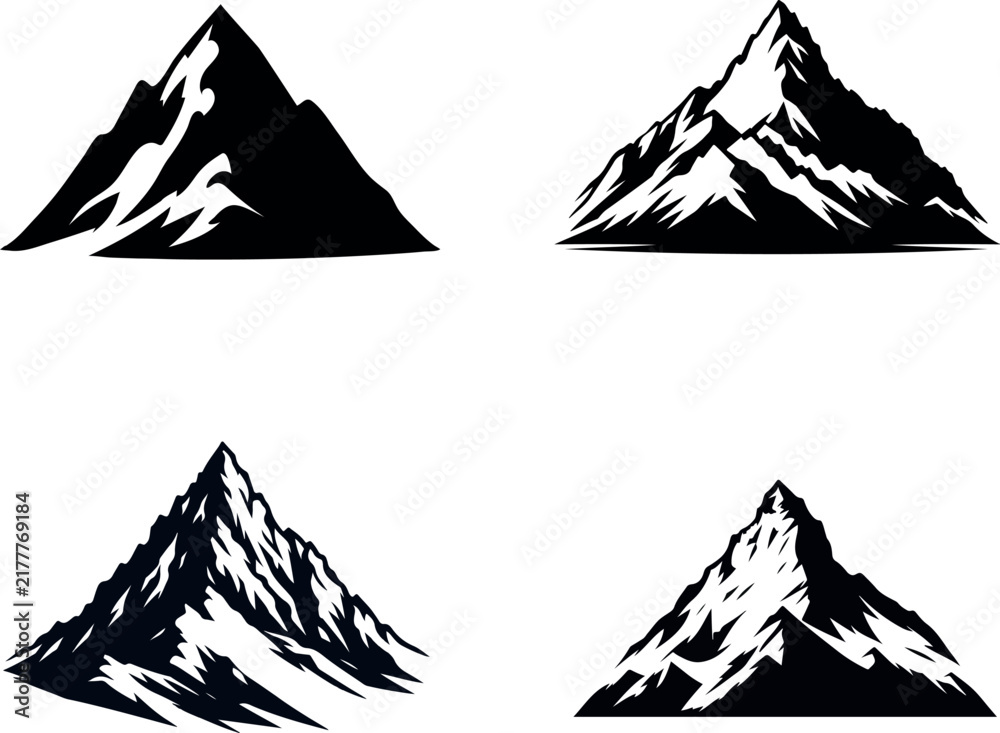 Fototapeta premium Set of four black and white hand drawn mountain peak illustrations for adventure and travel designs