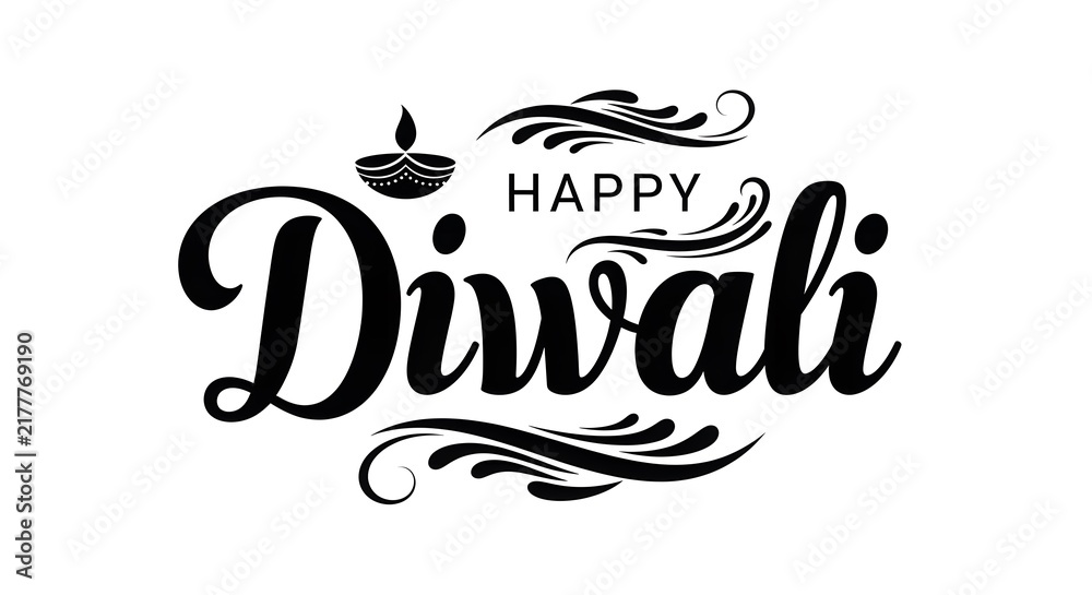 Obraz premium Elegant black ink calligraphy text for happy diwali celebration with a decorative diya lamp illustration on white background