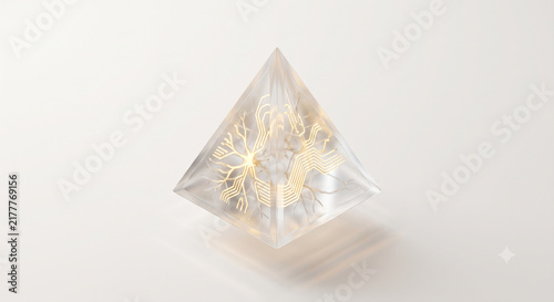 Isometric 3D frosted glass prism with glowing mycelium bio circuits on white background