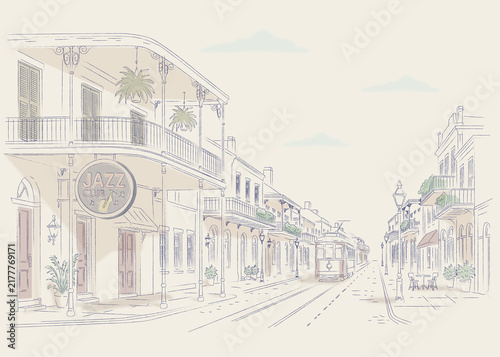 Fotografie New Orleans French Quarter street view with jazz club and streetcar hand drawn i