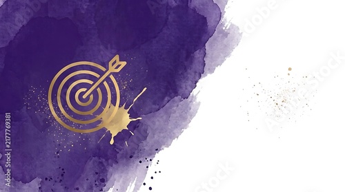 Business Success Goal Concept with Gold Target Bullseye on Purple Watercolor Background