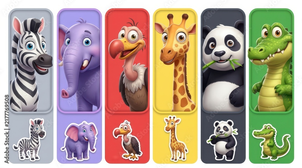 Obraz premium Set of Cute 3D Cartoon Animals Collection Featuring Zebra Elephant Vulture Giraffe Panda and Crocodile for Kids