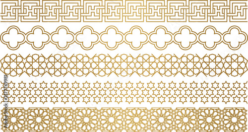 Gold Islamic geometric decorative borders and vector line patterns set