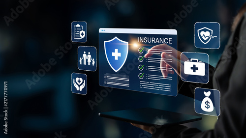 Fotografie Digital health insurance management interface with futuristic holographic technology and healthcare symbols in a modern setting