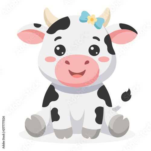 Cute Sitting Cow with Blue Bow Illustration