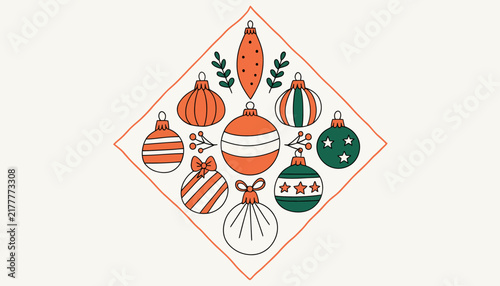 Whimsical Hand-Drawn Christmas Ornaments Pattern, Festive Holiday Decoration Elements, Retro Style Festive Baubles