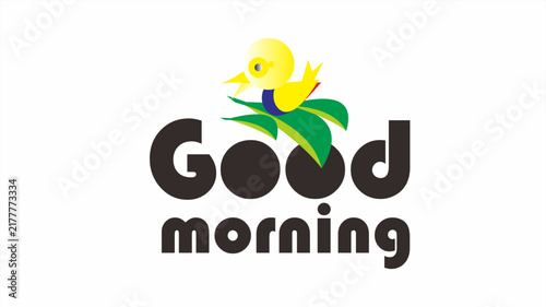 Good Morning typography greeting with cute geometric yellow bird mascot sitting on green leaves vector illustration isolated on white background