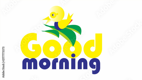 Good Morning typography greeting with cute geometric yellow bird mascot sitting on green leaves vector illustration isolated on white background