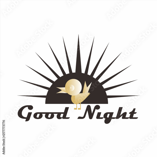 Good Night typography greeting vector with cute geometric golden beige bird mascot isolated on white background.