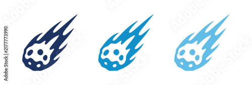 Stylized meteor comet icons in three shades of blue with flame trails.