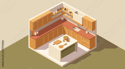 Isometric warm autumn kitchen interior vector illustration with wooden cabinets furniture and island counter design