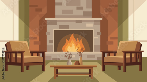 Cozy living room interior vector illustration featuring a warm fireplace, comfortable armchairs, and a tranquil autumn-inspired atmosphere for relaxation