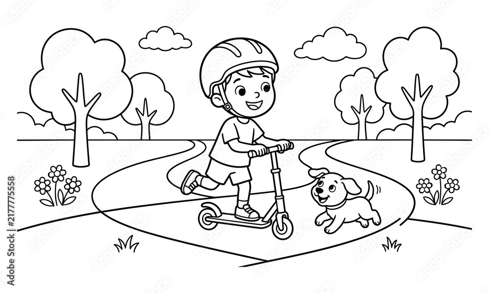 Fototapeta premium Boy riding scooter coloring page with friendly dog and park path. Cute black and white outline illustration for kids coloring book, activity sheet and printable worksheet.