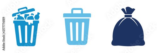 Blue trash bin and garbage bag icons for waste management and recycling concepts.